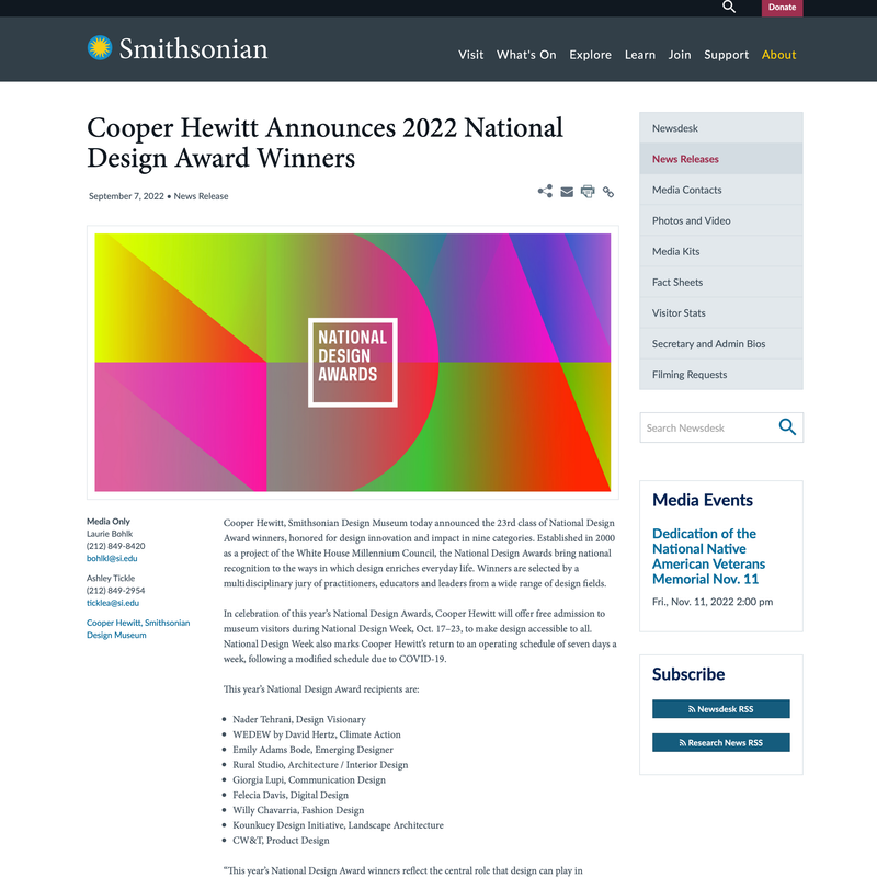 Cooper Hewitt Announces 2022 National Design Award Winners