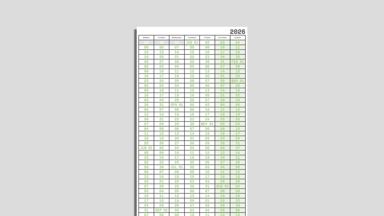 Annual Week View Calendar